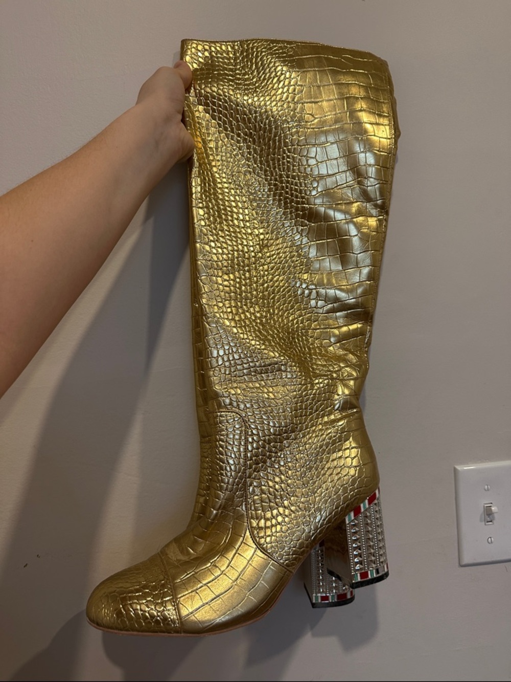 CHANEL Metallic Gold Croc-Embossed Over-the-Knee Boot
